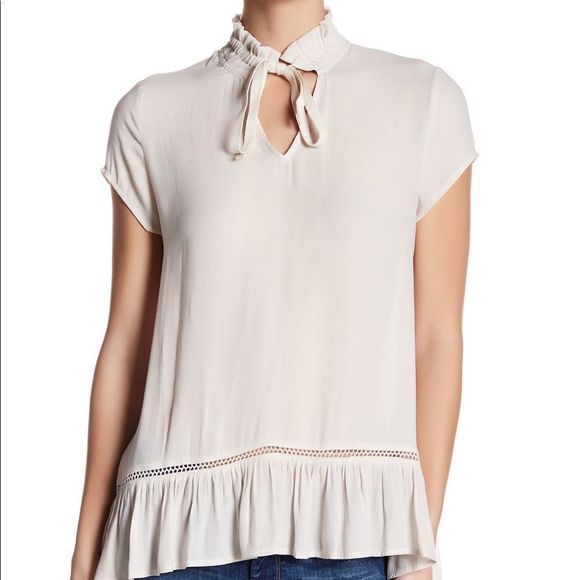 Anthropologie Tops - ☀️ANTHROPOLOGIE Ivory Beige Ruffle High Neck Tie Blouse Top
